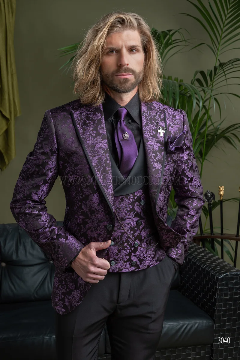 Giacca blazer da uomo in pura seta jacquard nero viola 1