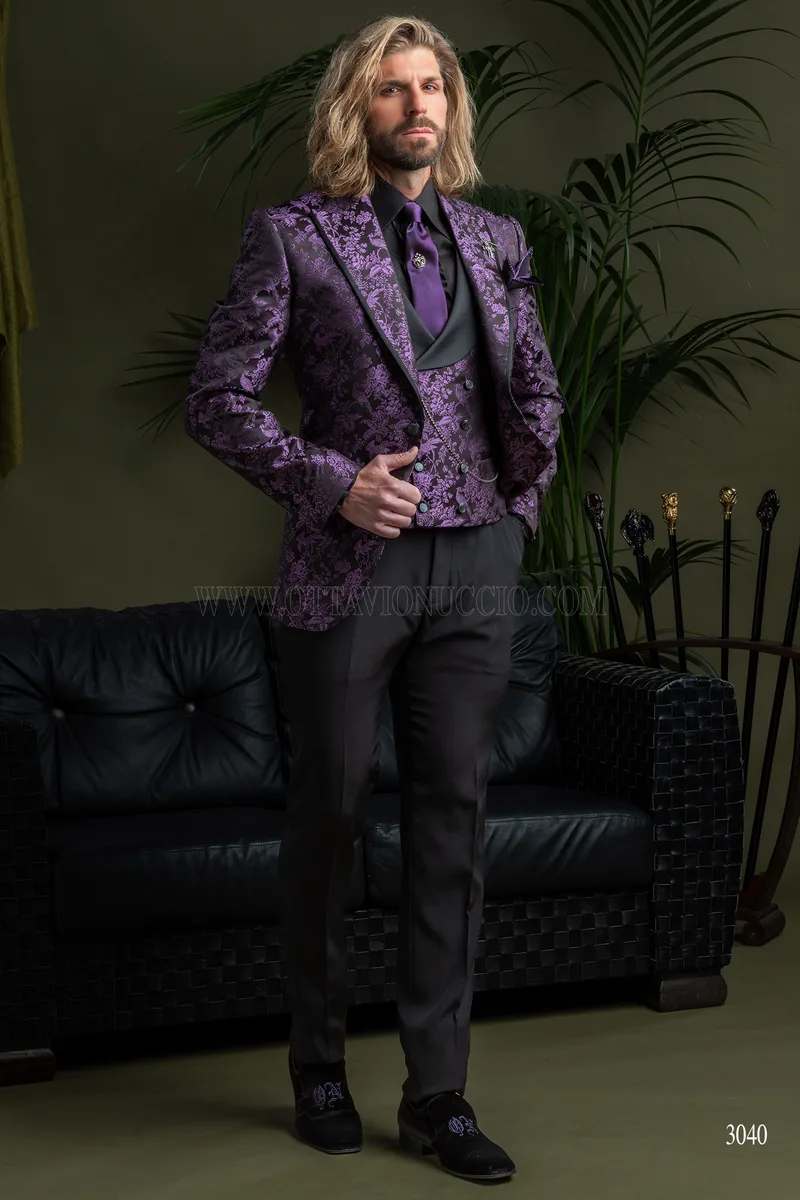 Giacca blazer da uomo in pura seta jacquard nero viola 2