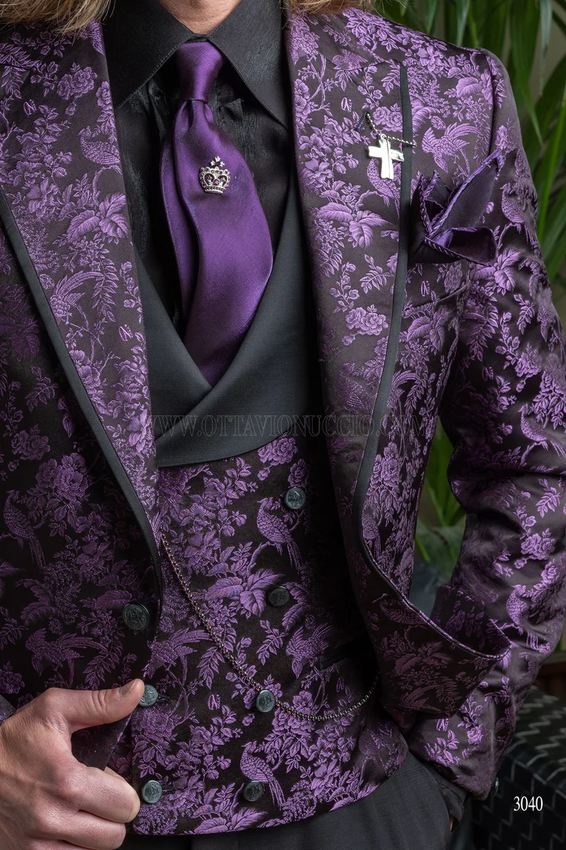 Giacca blazer da uomo in pura seta jacquard nero viola 3