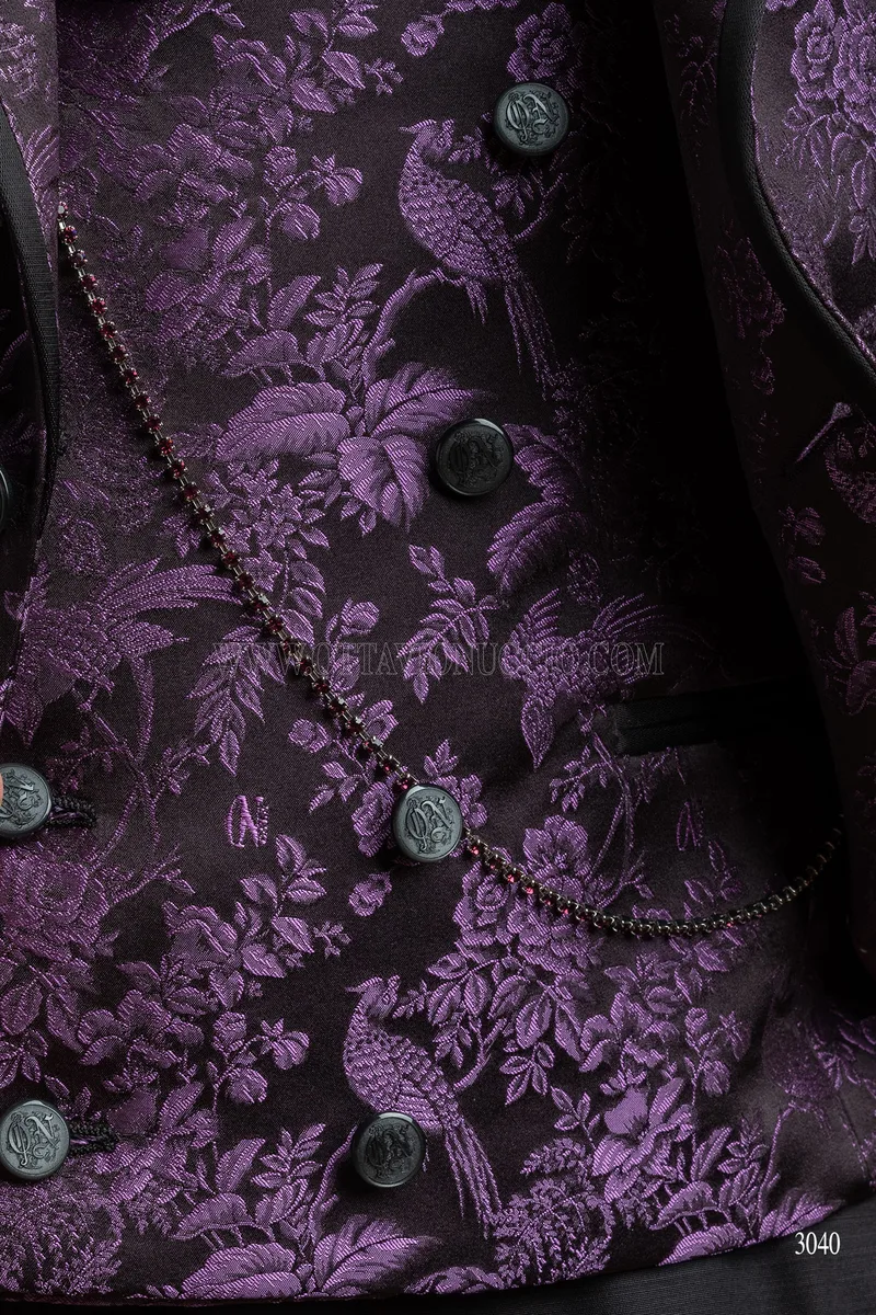 Giacca blazer da uomo in pura seta jacquard nero viola 4