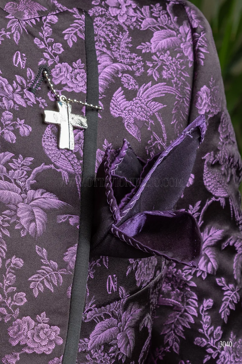 Giacca blazer da uomo in pura seta jacquard nero viola 7
