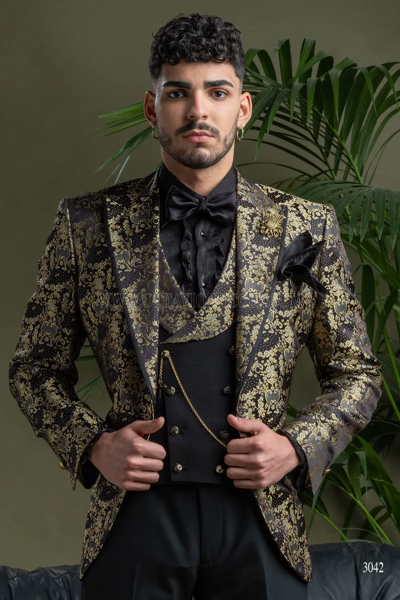 Giacca da party uomo in seta nero oro, pantalone nero 1