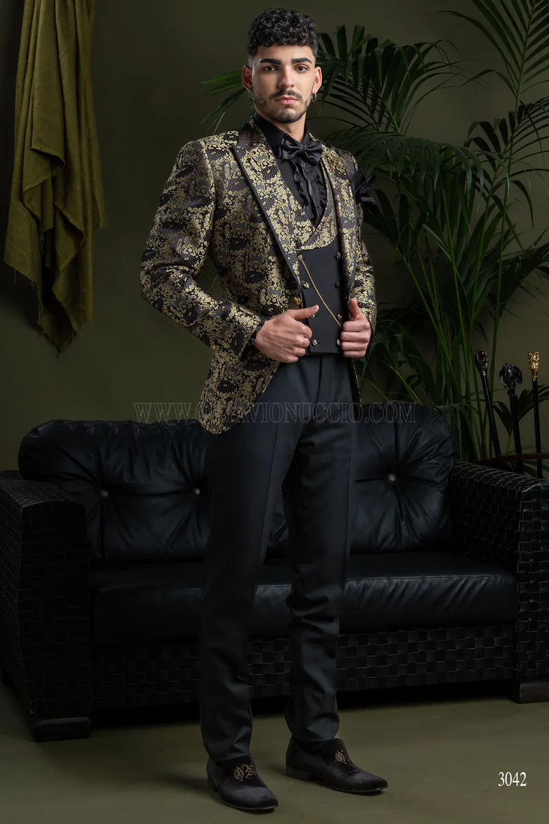 Giacca da party uomo in seta nero oro, pantalone nero 2