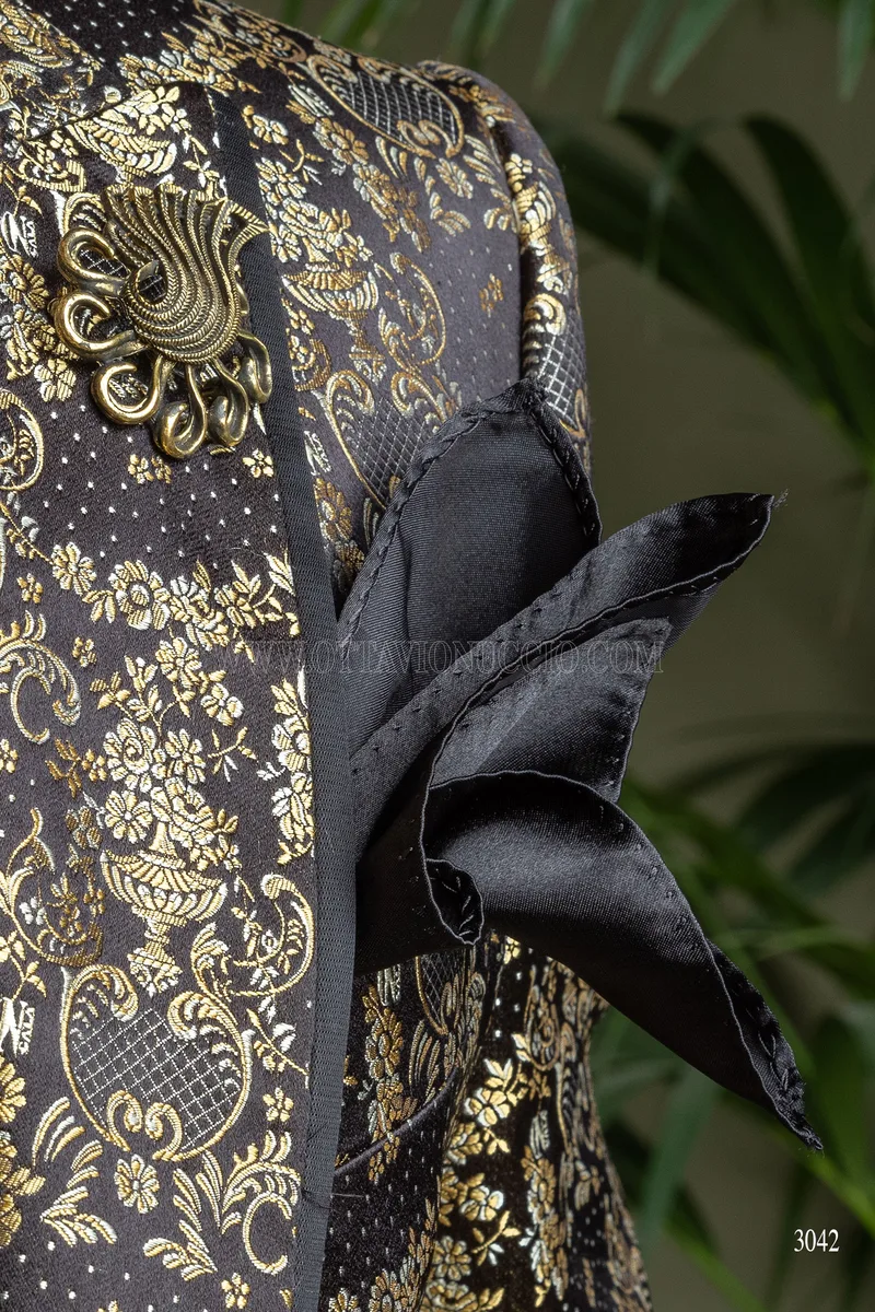 Giacca da party uomo in seta nero oro, pantalone nero 5