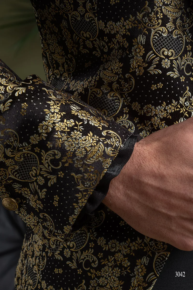 Giacca da party uomo in seta nero oro, pantalone nero 6