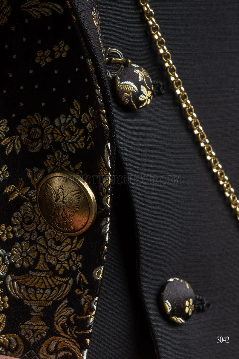 Giacca da party uomo in seta nero oro, pantalone nero 7