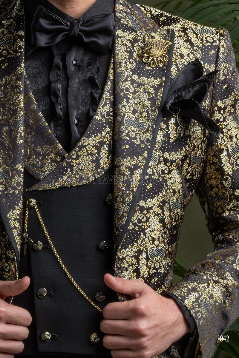 Giacca da party uomo in seta nero oro, pantalone nero 3