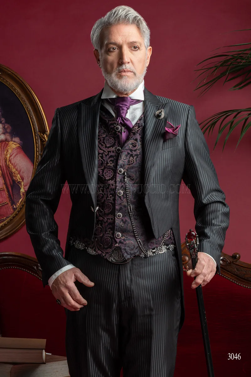 Frac steampunk uomo gessato nero, gilet in seta viola - Disponibilità Limitata 1