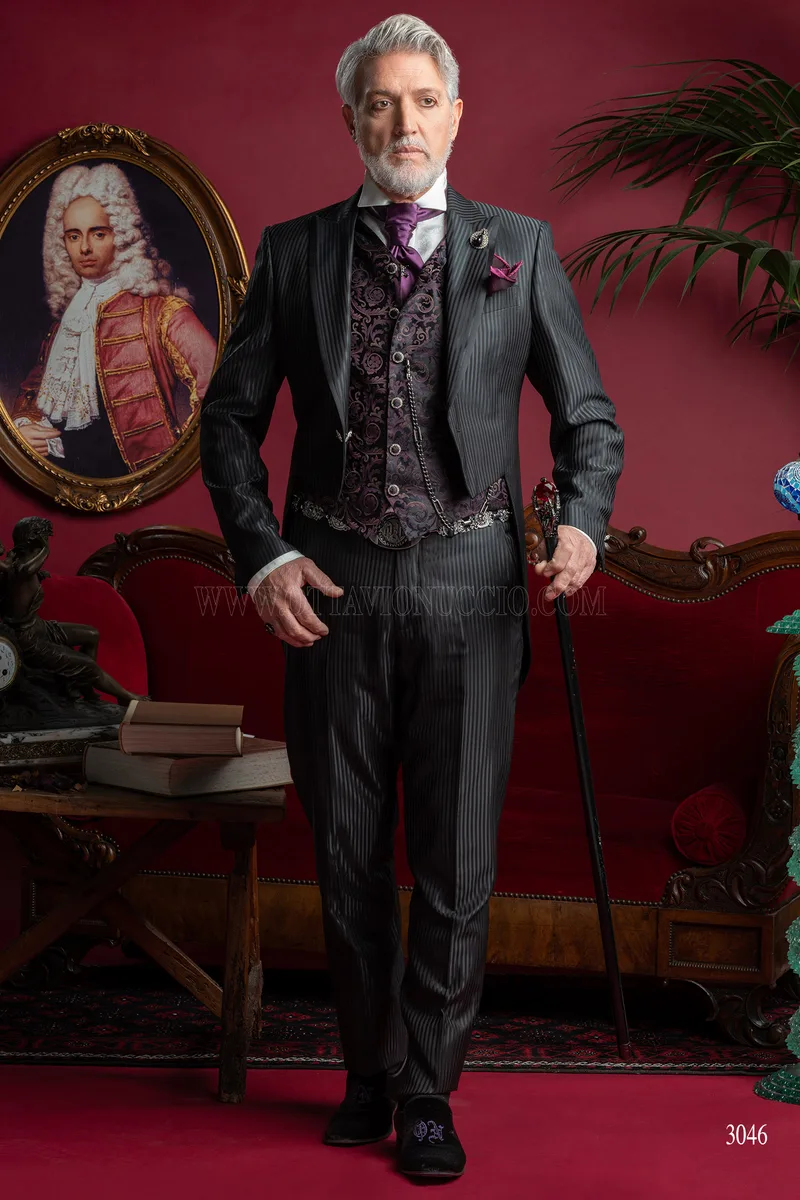 Frac steampunk uomo gessato nero, gilet in seta viola - Disponibilità Limitata 2