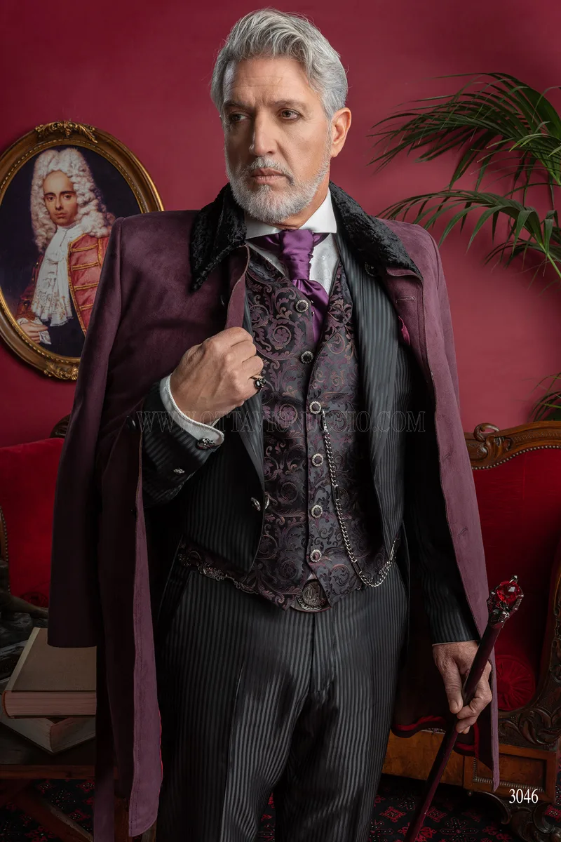 Frac steampunk uomo gessato nero, gilet in seta viola - Disponibilità Limitata 3