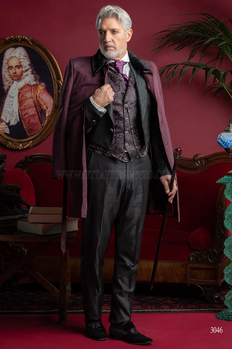 Frac steampunk uomo gessato nero, gilet in seta viola - Disponibilità Limitata 4