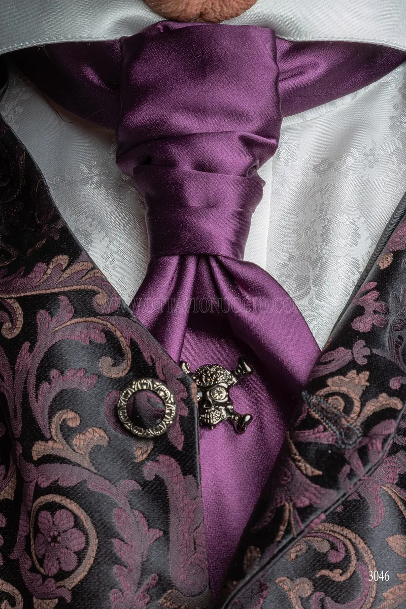 Frac steampunk uomo gessato nero, gilet in seta viola - Disponibilità Limitata 5