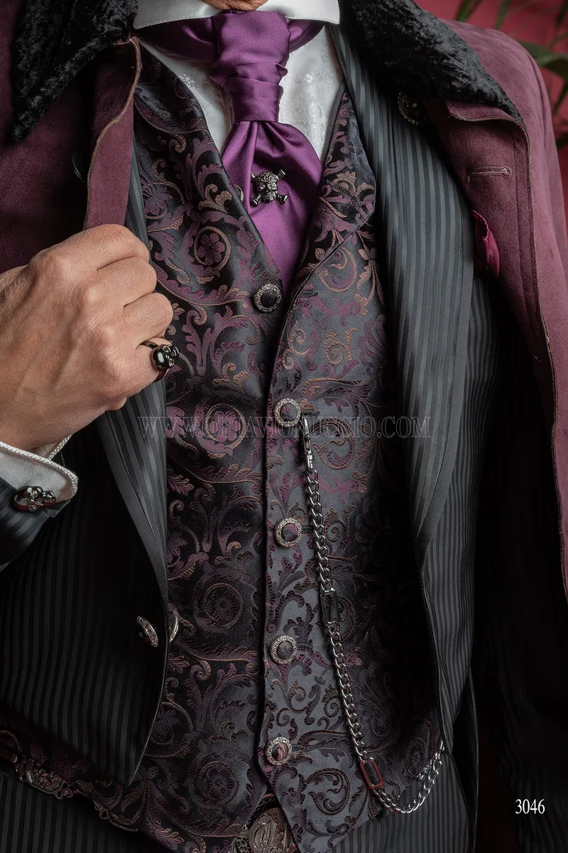 Frac steampunk uomo gessato nero, gilet in seta viola - Disponibilità Limitata 7