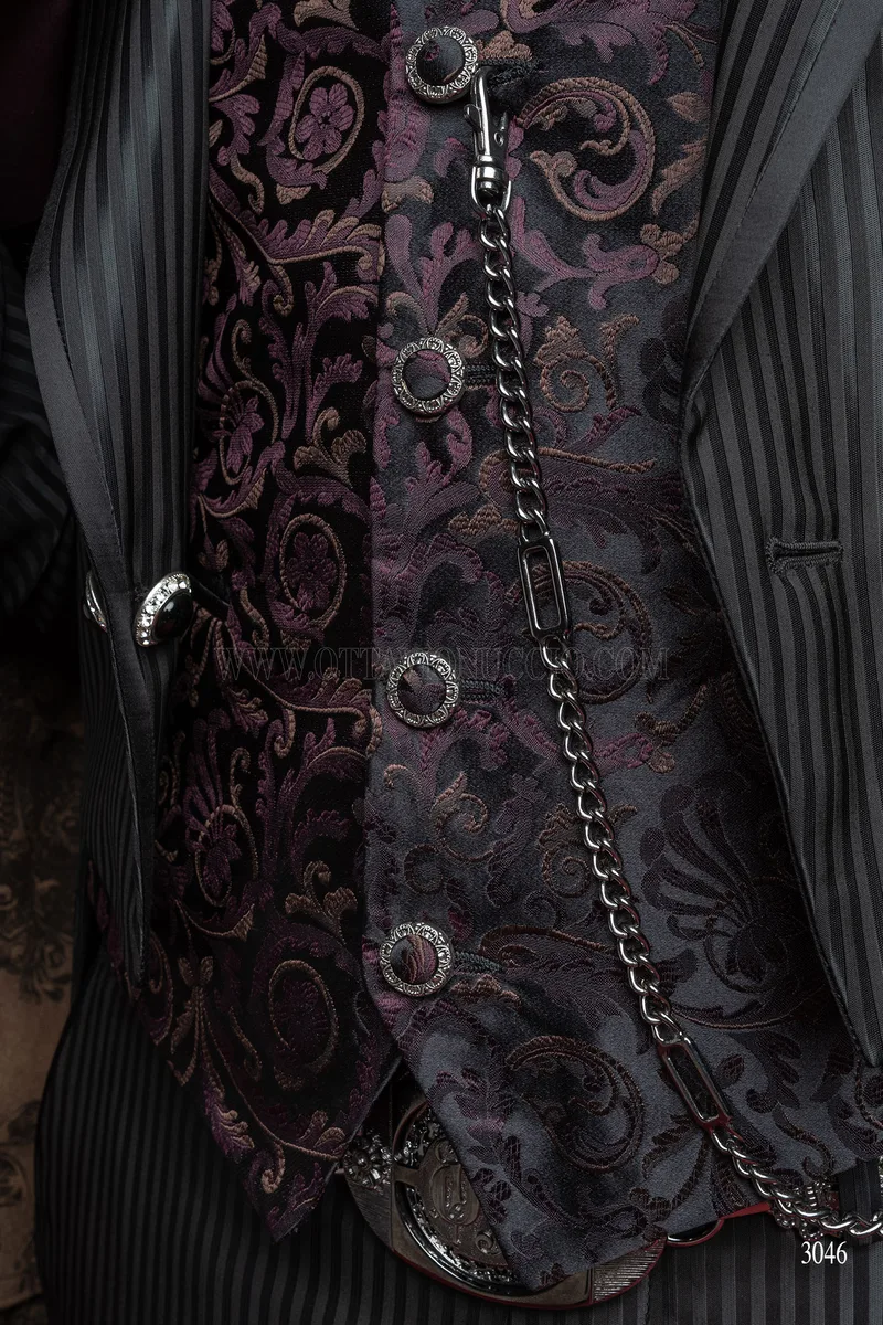 Frac steampunk uomo gessato nero, gilet in seta viola - Disponibilità Limitata 8