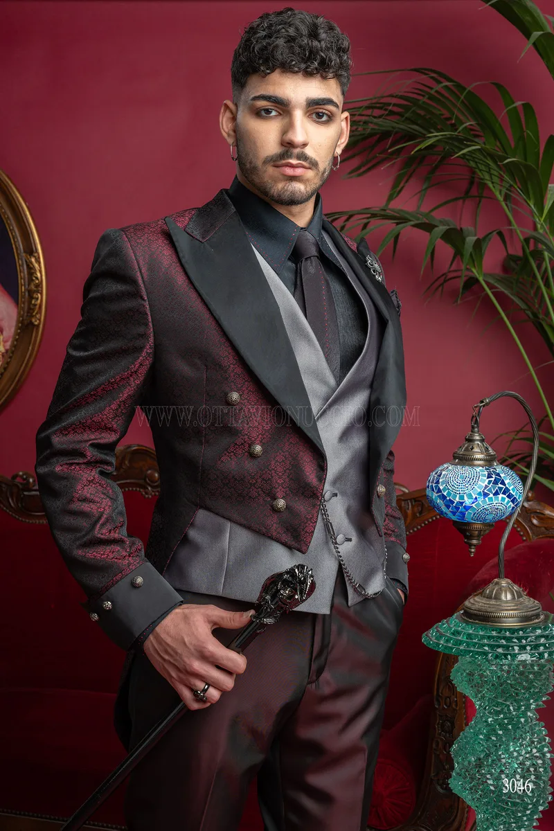 Frack bordeaux stile steampunk uomo con rever a contrasto - Disponibilità Limitata 1