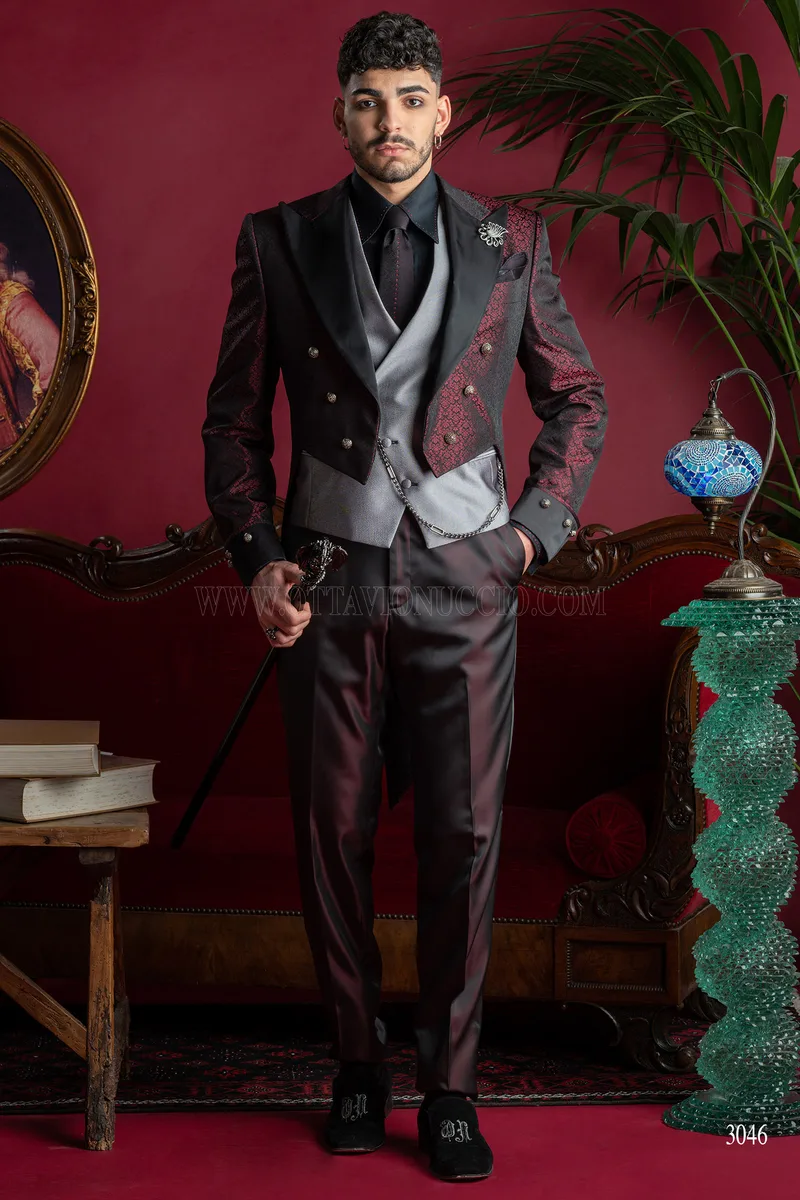 Frack bordeaux stile steampunk uomo con rever a contrasto - Disponibilità Limitata 2