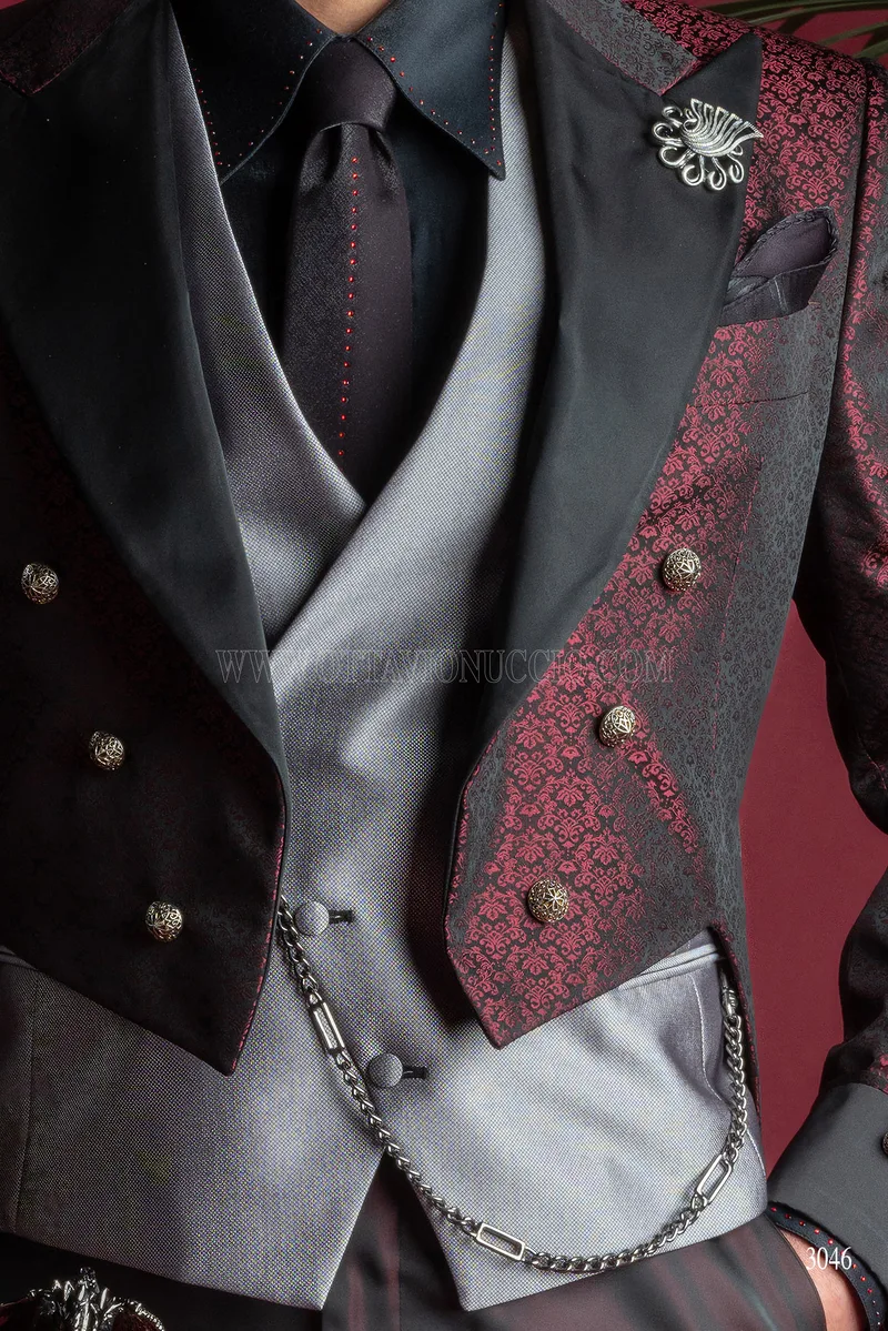 Frack bordeaux stile steampunk uomo con rever a contrasto - Disponibilità Limitata 3