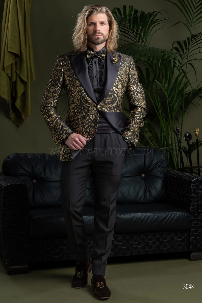 Smoking uomo damascato nero oro con rever in raso nero 2