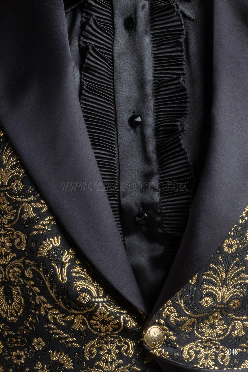 Smoking uomo damascato nero oro con rever in raso nero 5