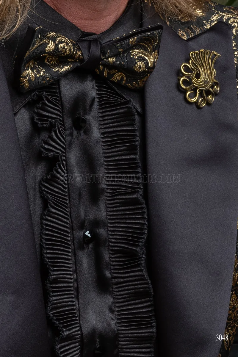 Smoking uomo damascato nero oro con rever in raso nero 6