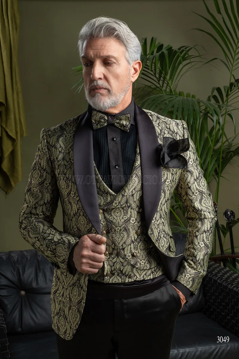 Smoking uomo sciallato damascato oro con rever a contrasto nero 1