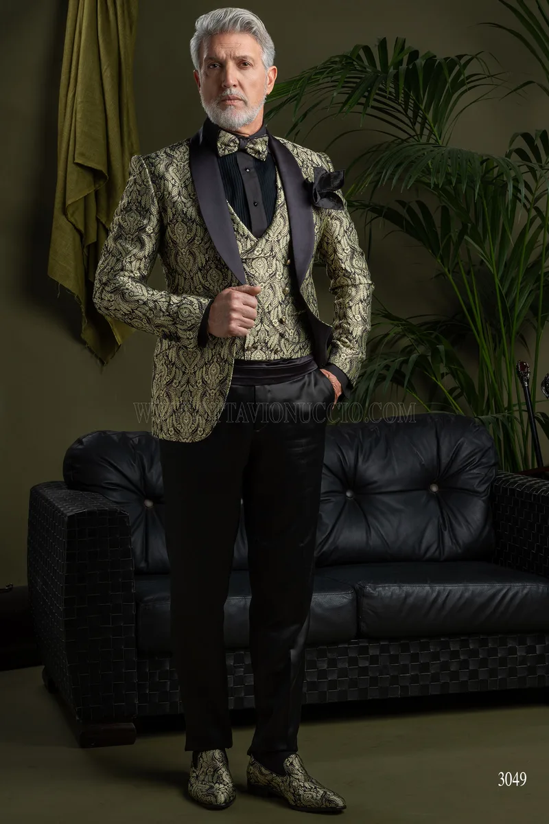 Smoking uomo sciallato damascato oro con rever a contrasto nero 2