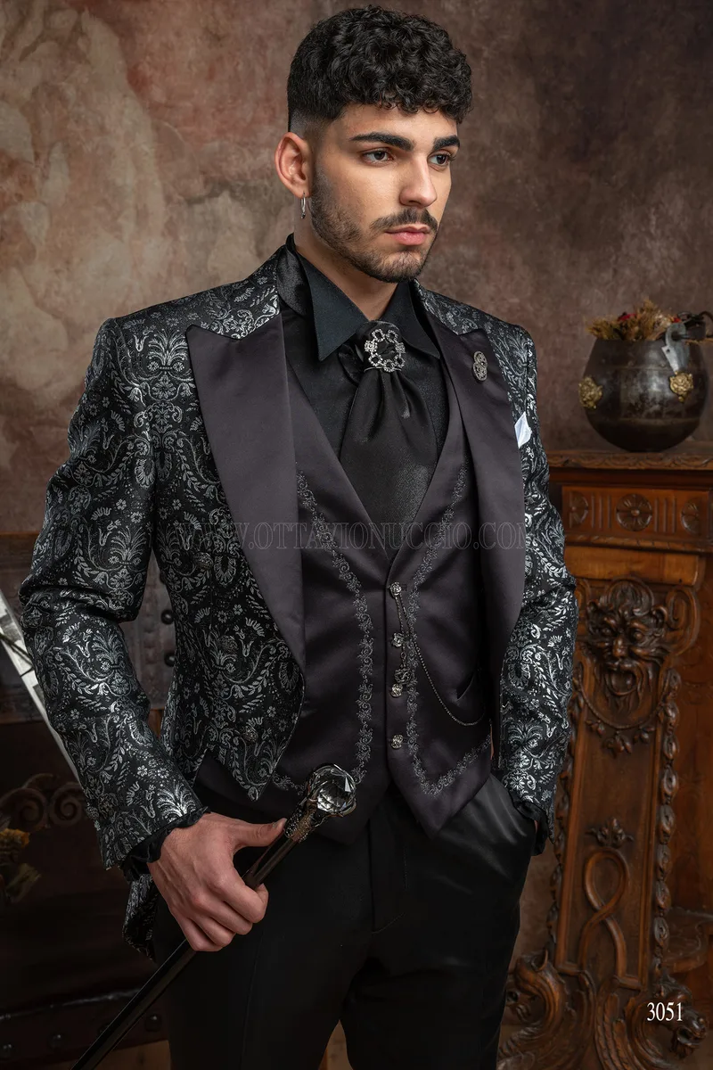 Frac uomo matrimonio gotico broccato nero argento 1