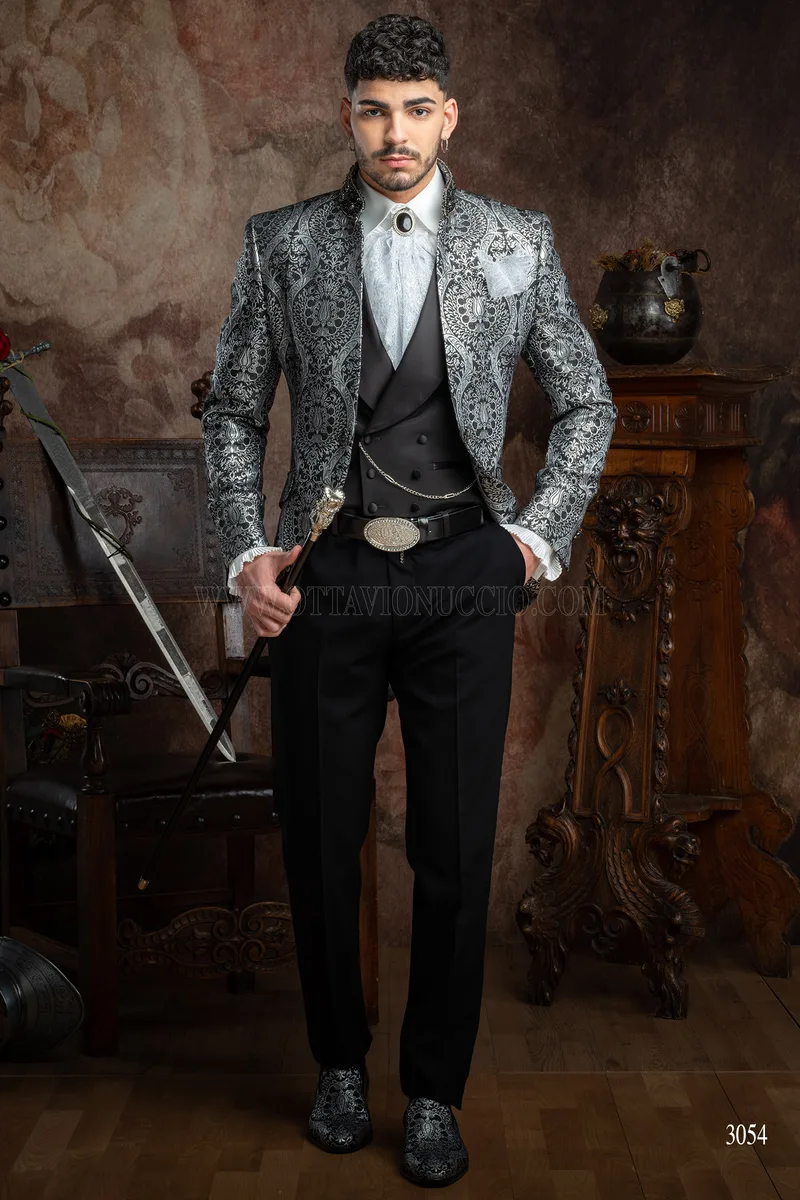 Giacca stile gotico coreana damascata di lusso argento e nero 1
