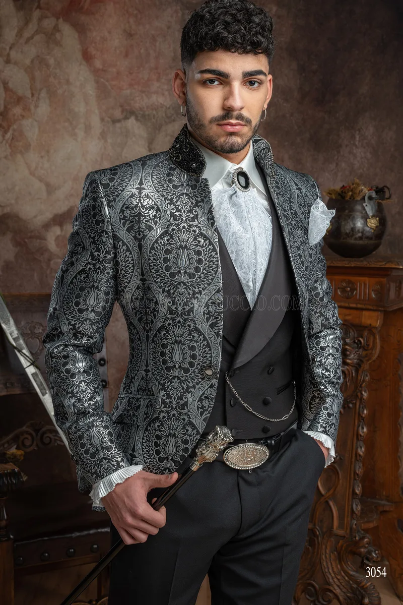Giacca stile gotico coreana damascata di lusso argento e nero 2