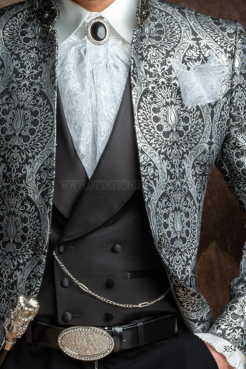 Giacca stile gotico coreana damascata di lusso argento e nero 3