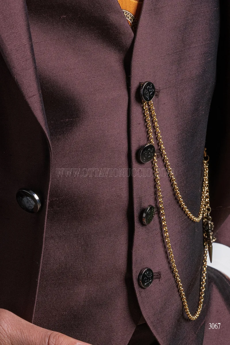 Abito da uomo 3 pezzi in shantung misto seta marrone – Bottoni