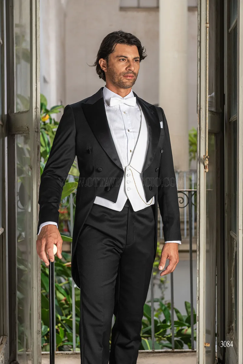 Frac uomo sposo classico pura lana nero e gilet bianco 1