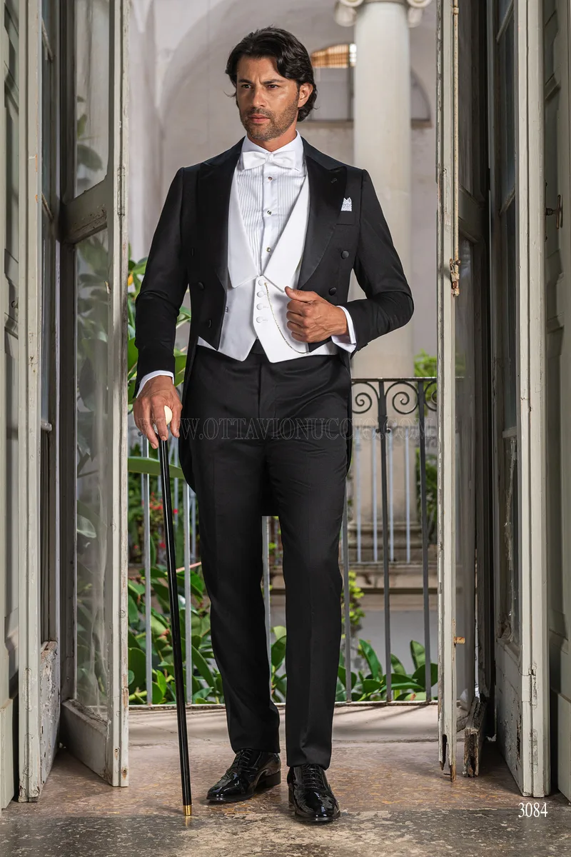 Frac uomo sposo classico pura lana nero e gilet bianco 2