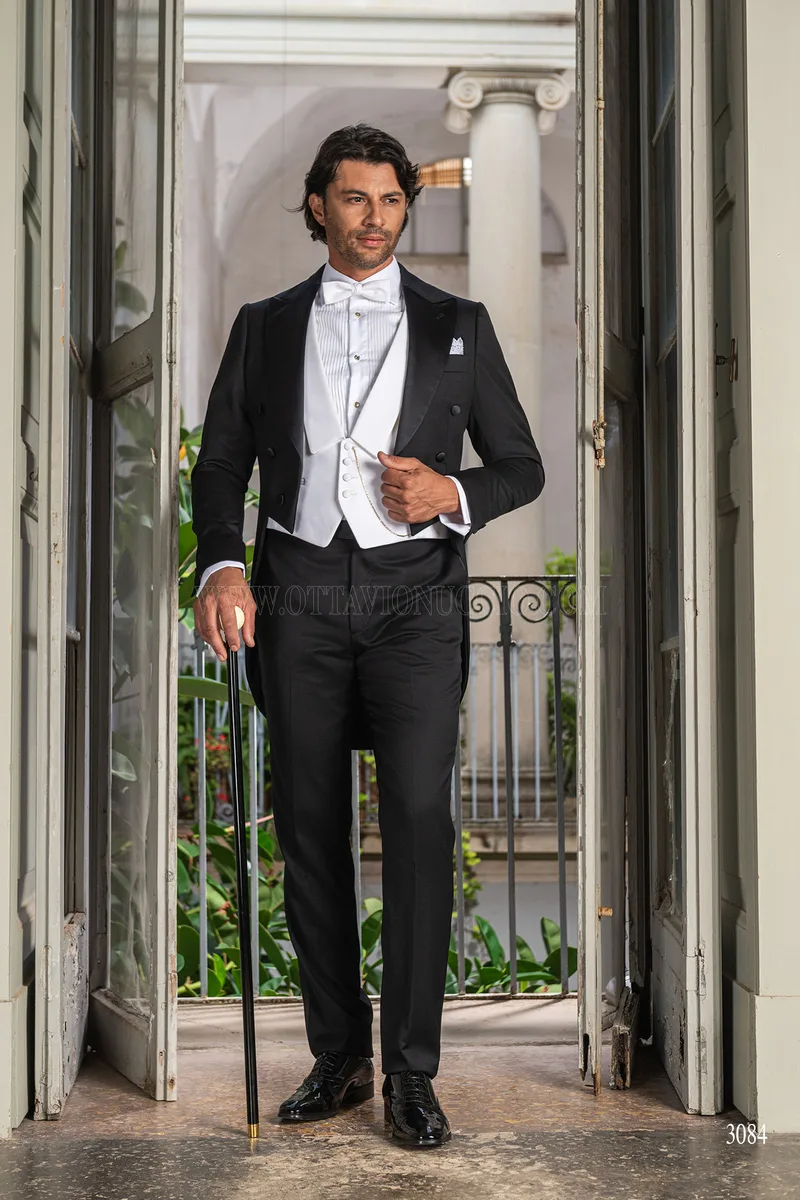 Frac uomo sposo classico pura lana nero e gilet bianco 3
