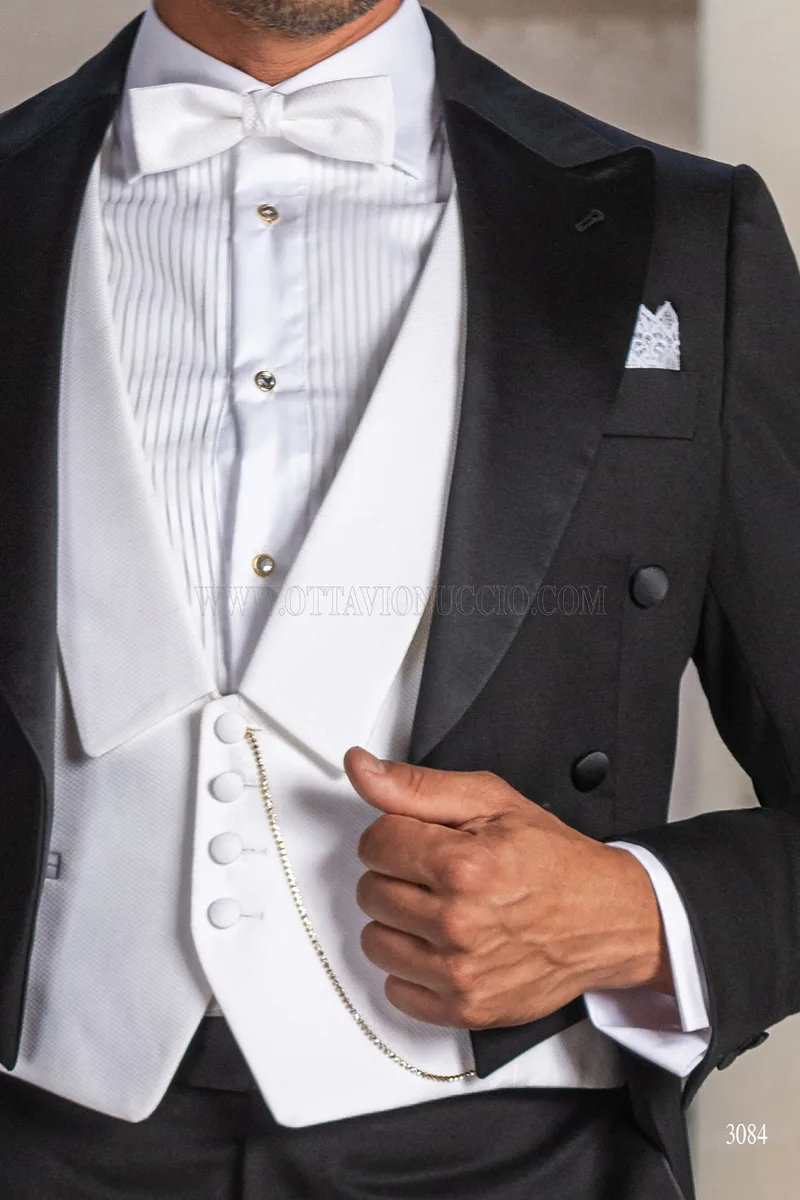Frac uomo sposo classico pura lana nero e gilet bianco 5
