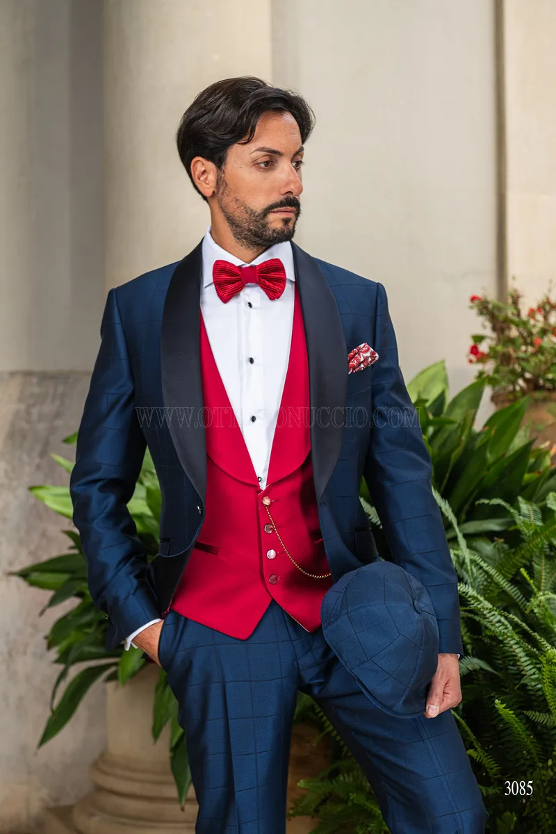 Smoking uomo a quadri blu rever sciallato con gilet rosso 1