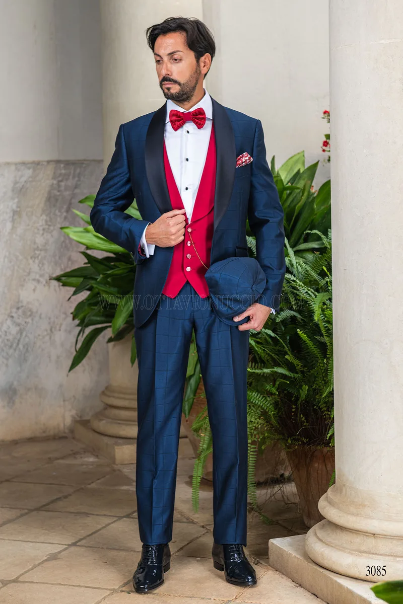 Smoking uomo a quadri blu rever sciallato con gilet rosso 2