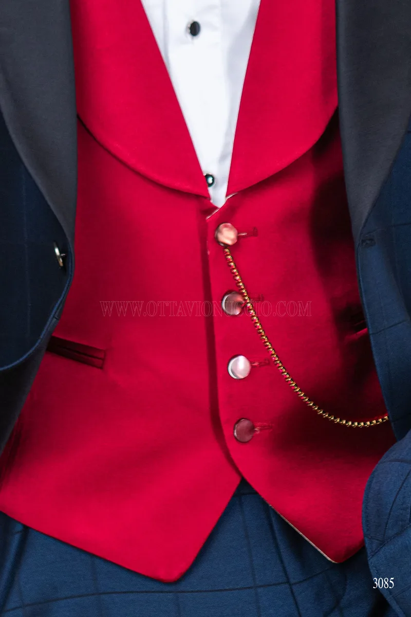 Smoking uomo a quadri blu rever sciallato con gilet rosso 3