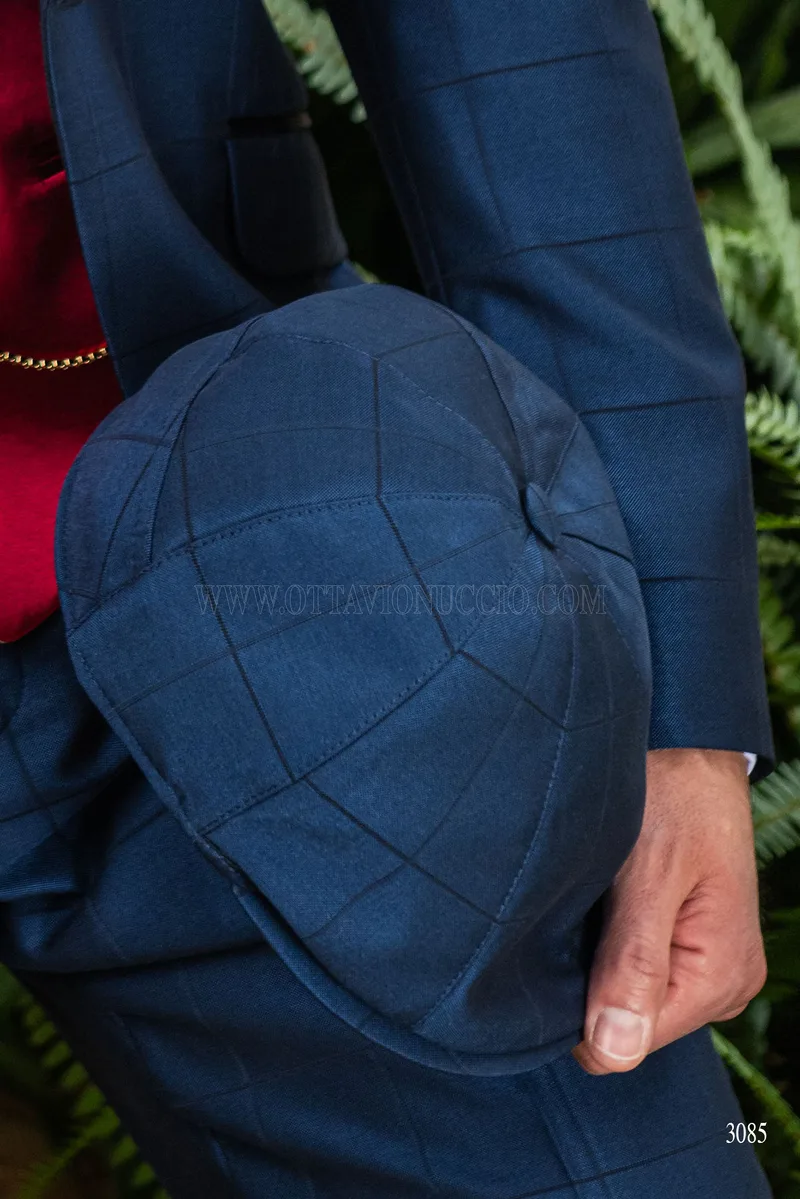 Smoking uomo a quadri blu rever sciallato con gilet rosso 5