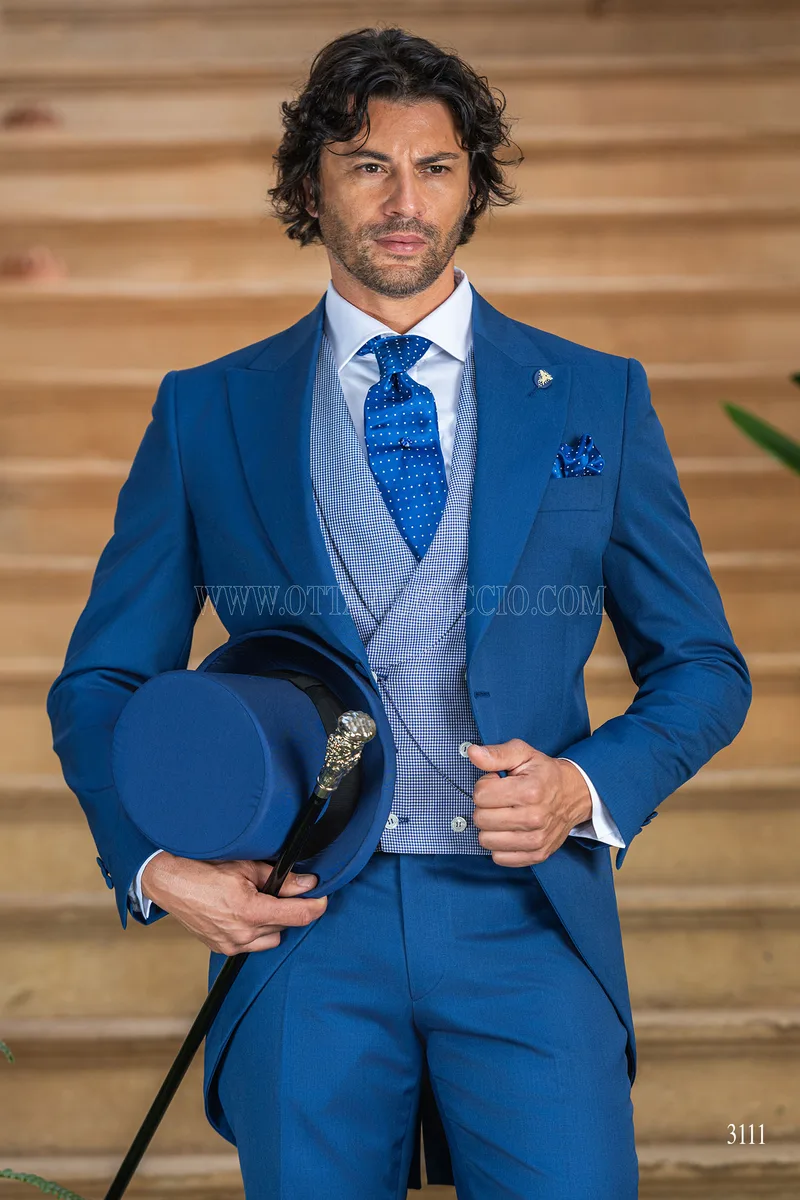 Abito da sposo blu azzurro tight moderno gilet pied poule 1