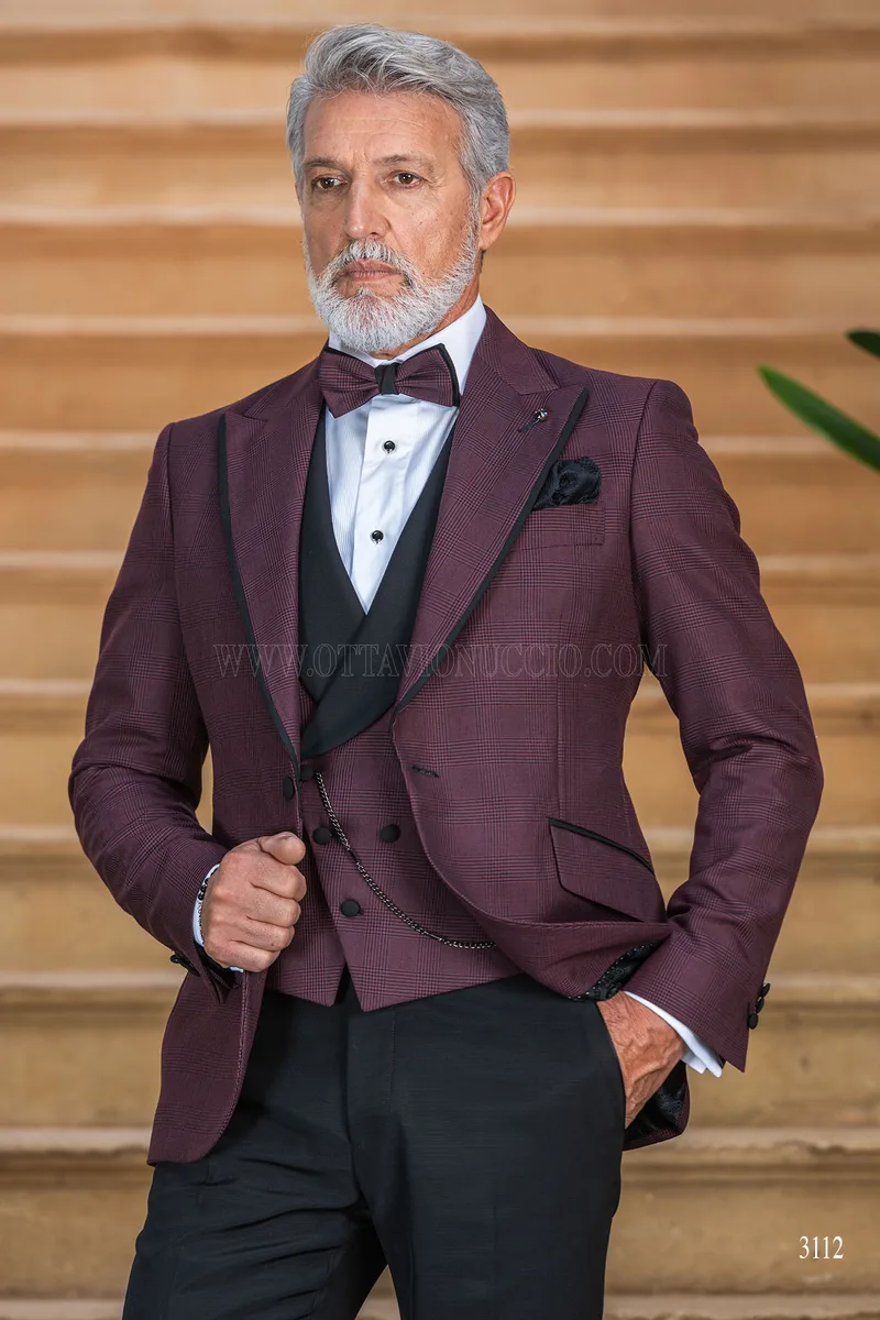 Abito cerimonia uomo bordeaux in principe di galles pantalone nero 1