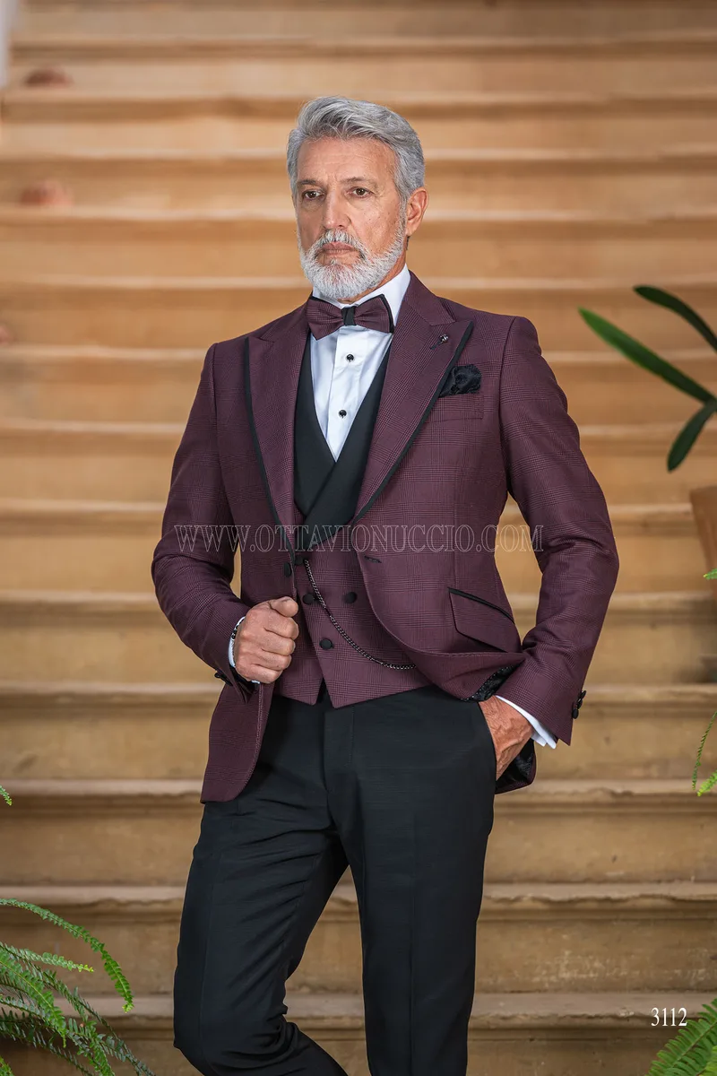 Abito cerimonia uomo bordeaux in principe di galles pantalone nero 2