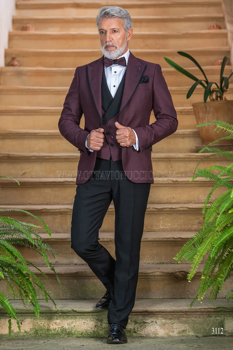 Abito cerimonia uomo bordeaux in principe di galles pantalone nero 3
