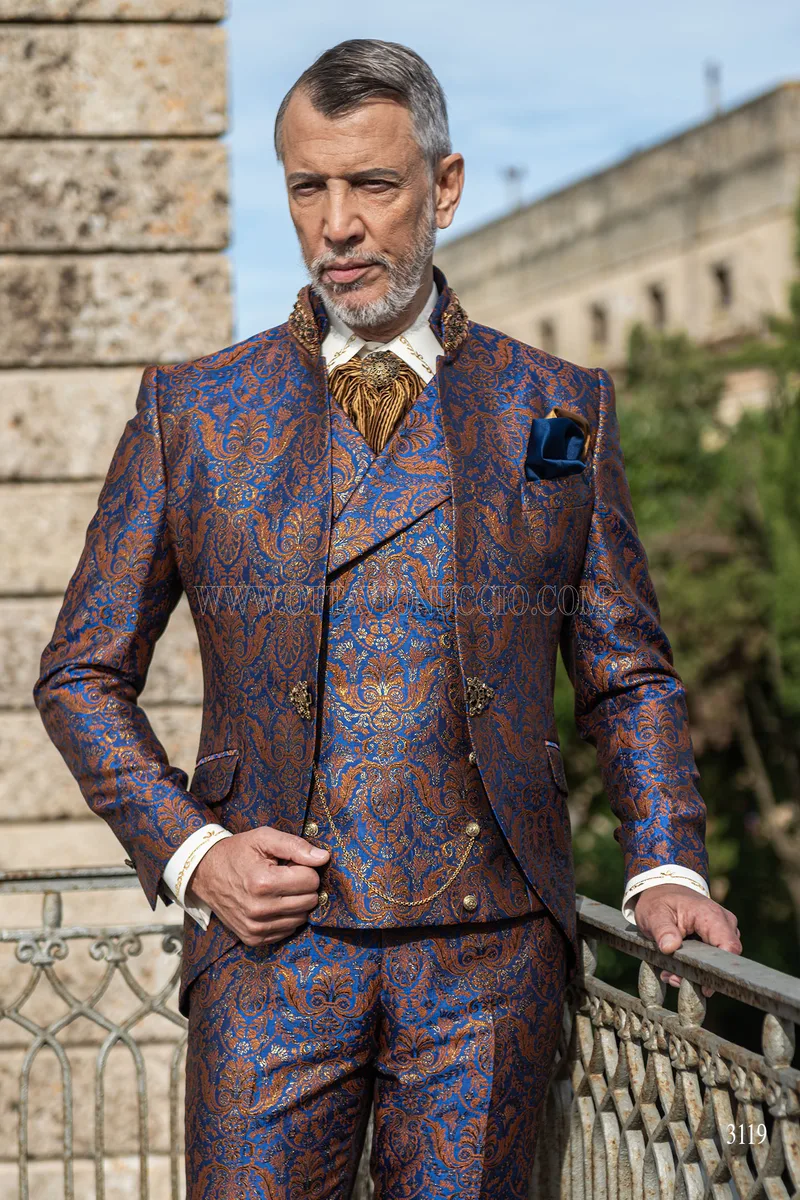 Abito barocco coreana redingote broccata blu e oro 1