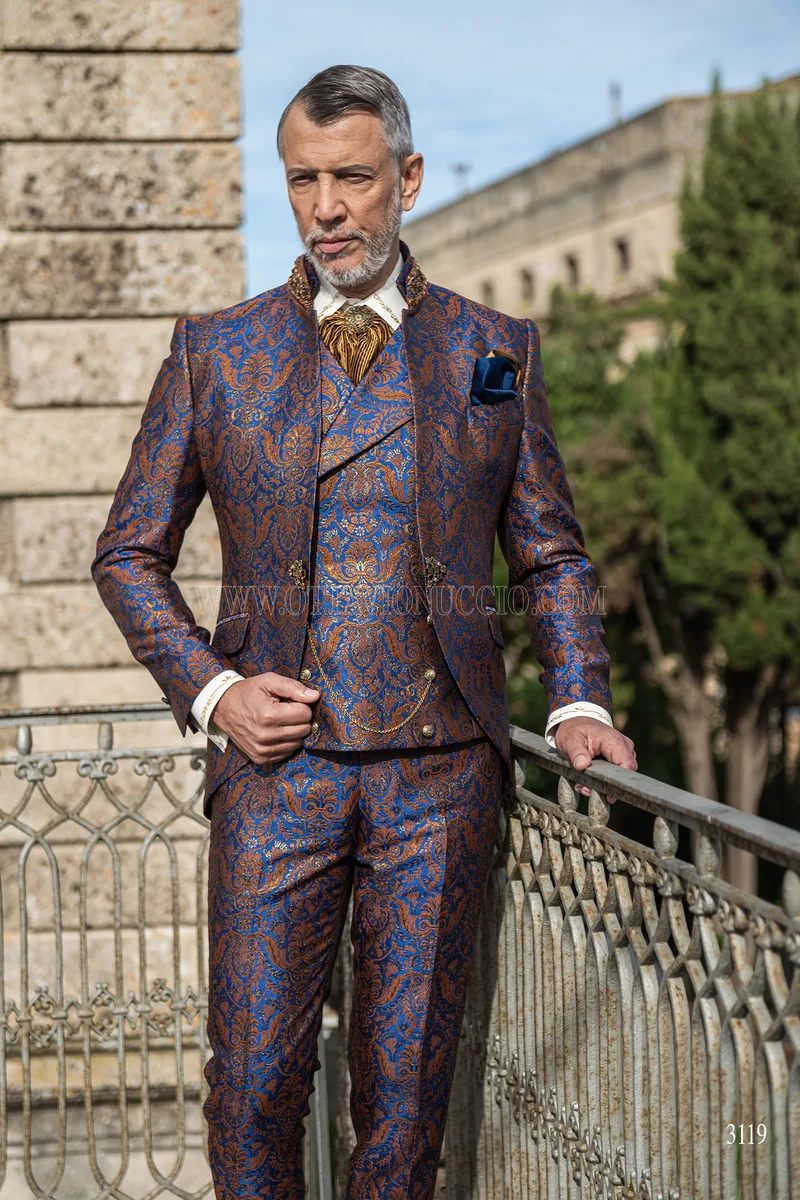 Abito barocco coreana redingote broccata blu e oro 2
