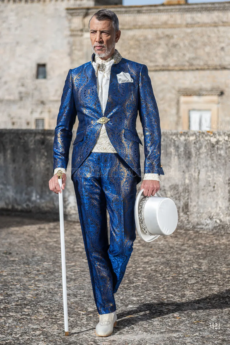 Vestito sposo coreana broccata blu e oro con passamaneria 2