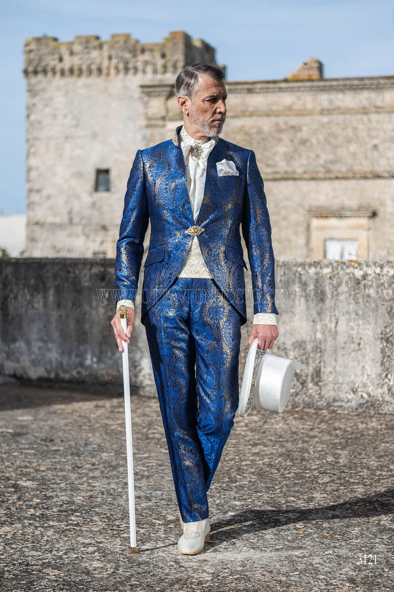 Vestito sposo coreana broccata blu e oro con passamaneria 3