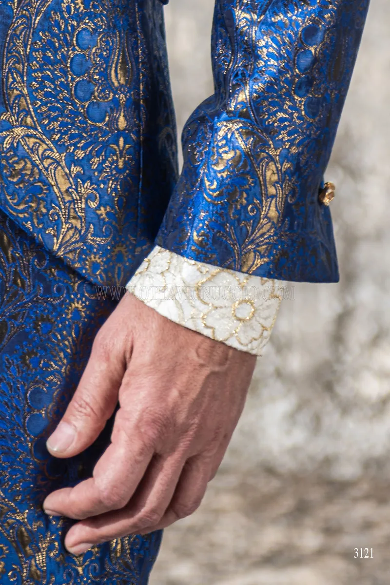 Vestito sposo coreana broccata blu e oro con passamaneria 7