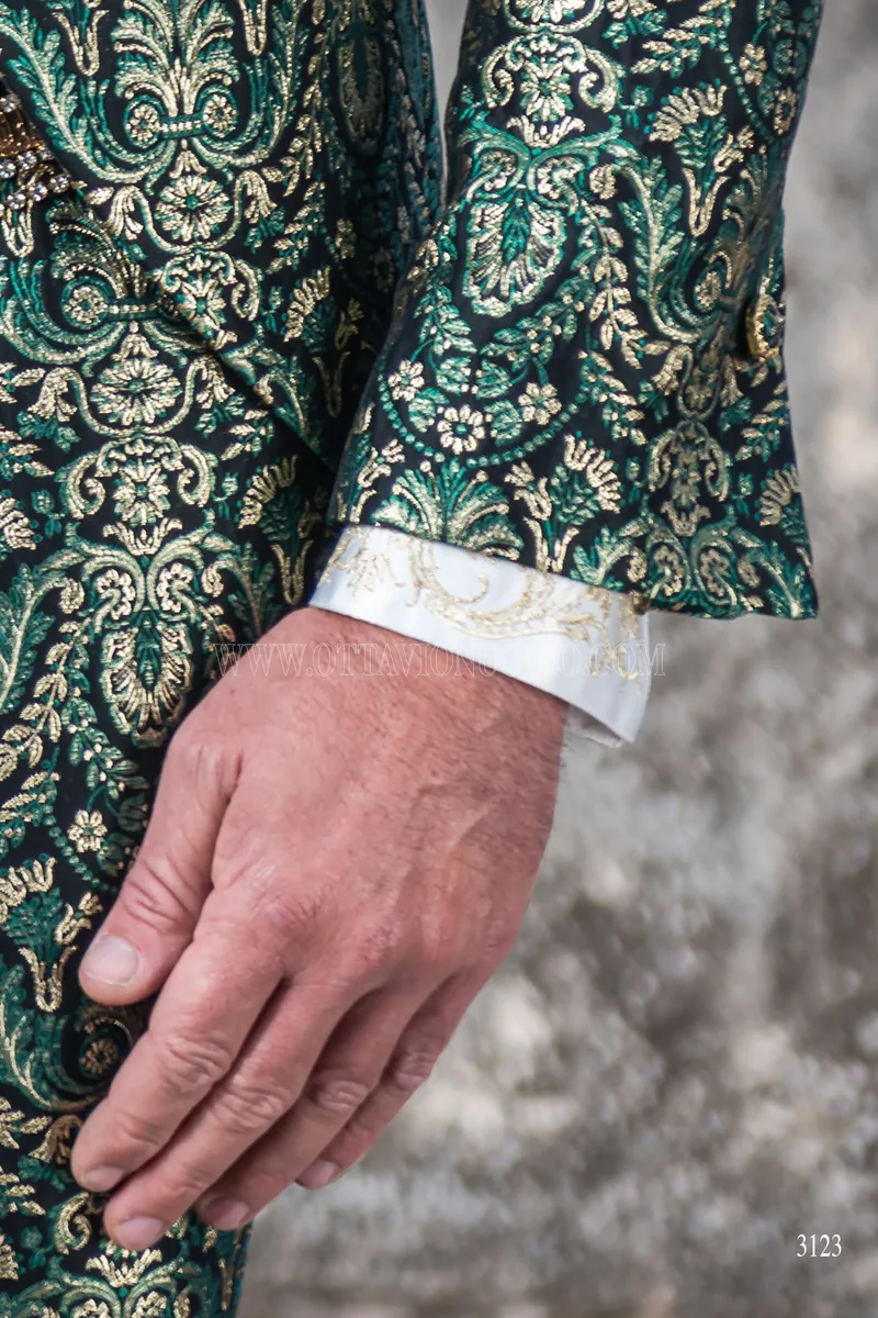 Abito sposo barocco broccato verde oro collo Napoleone 7