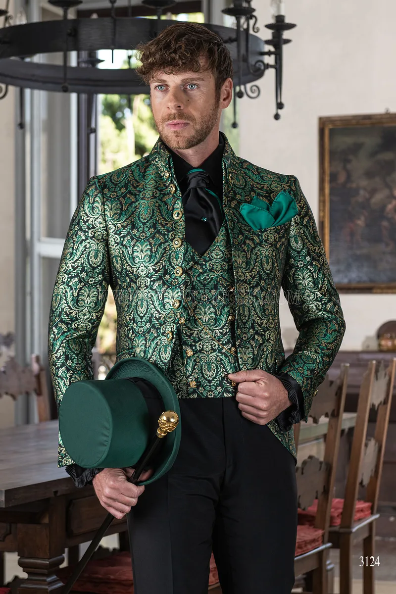 Vestito sposo gotico broccato verde oro collo Napoleone 1